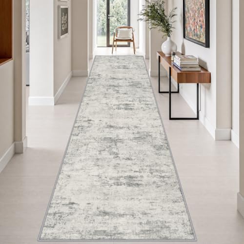 3x14 Washable Runner Rug：Modern Abstract Kitchen Soft Carpet Gray by FXRHLP