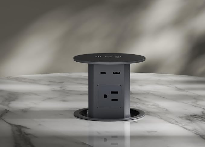 MAZZGOFOR Pop up Outlet - 4-inch Hole,4-AC Outlet,20W USB C,15W Wireless Charging,2-USB Port,Desktop Recessed Grommet Power Outlet for Kitchen Island Countertop,6 ft Cable,Grey