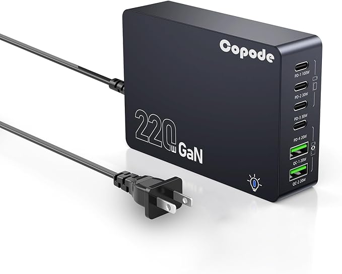 220W USB C Charger Block, 6-Port GaN USB C Charging Station PD 100W PC Laptop Fast Charger Adapter Compatible with iPhone 17, Galaxy 25, MacBook,ipad and More Devices(Black)