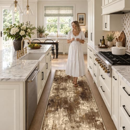 RELEANY Washable Runner 2'x8' Abstract Area Rug for Hallway Brown Tan - Image 3