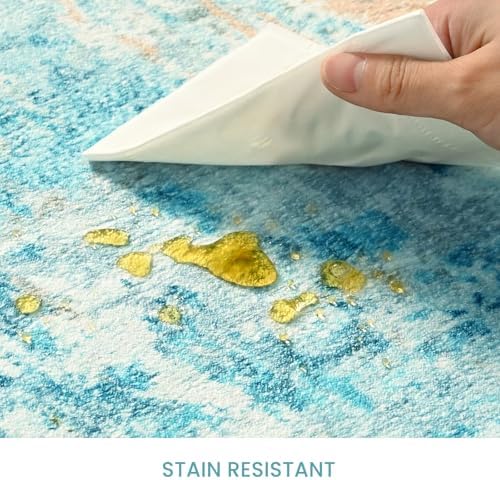 Ompaa Living Room Rug 8x10 Teal Blue Area Rugs Machine Washable Abstract Boho Large Rug Non-Slip Non-Shedding Faux Wool Indoor Vintage Carpet for Bedroom, Classroom, Dining Room, Kids Playroom - Image 5