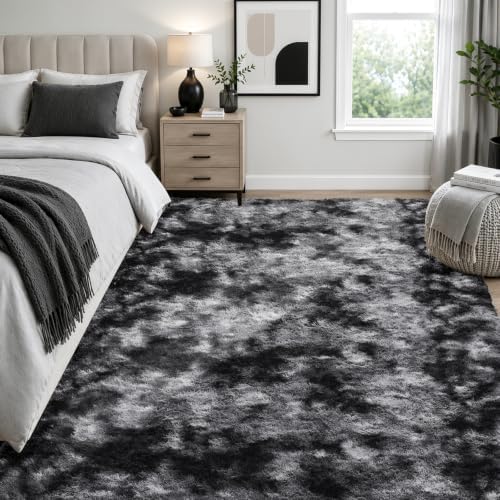 Ophanie Tie-Dyed Black & Grey Area Rugs 8x10 for Bedroom Living Room, Fluffy Shag Fuzzy Carpet, Plush Shaggy Rug, Indoor Carpet for Kids Boys Dorm Home Decor Aesthetic, Nursery with 99 pcs Pile fibers - Image 5