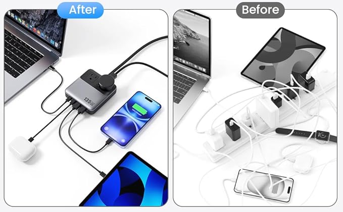135W Charging Station USB C Power Strip,6-in-1 GaN USB C Charger Block with Plug &5ft Cord,2 AC,2 USB-A,2 USB-C,PD 65W Laptop Charger for MacBook,iPhone 16/15/14,Desktop Fast Charging for Home,Office