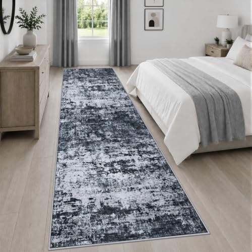 3x14 Washable Runner Rug：Modern Abstract Kitchen Carpet Black by FXRHLP