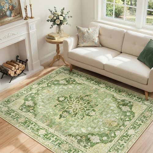 RELEANY Washable Area Rug, 4'x5', Green/Yellow by RELEANY