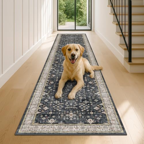 Hazo Haus Black Boho Washable 3x12 Extra Long Runner Rug for Hallway, Waterproof Large Kitchen Floor Rug, Non-Slip Stain & Fade Resistant, Vintage Floral Decor - Image 6