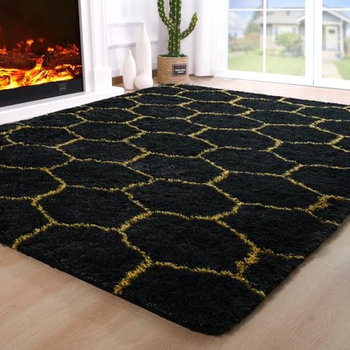 Noahas 5x7 Black Gold Fluffy Soft Area Rug Non-Slip for Living Room Bedroom by ModernHomeDecor