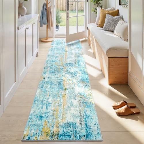 2x8 Teal Blue Rug Runners for Hallways Kitchen Runner Rug Non Slip Washable Black Long Runner Rugs with Rubber Backing Soft Abstract Carpet Runner for Bedroom, Kitchen, Bathroom, Entryway by OmpaaHomeDecor