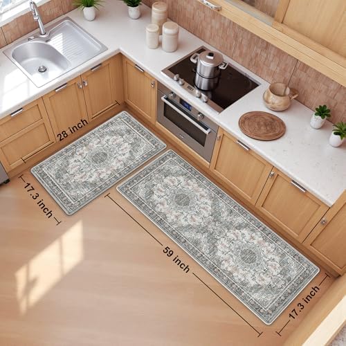Boho Kitchen Mats for Floor 2PC Anti Fatigue Kitchen Rugs, Beige Grey - Image 2