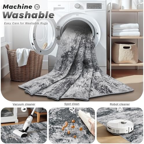 pmtsns Area Rugs 6x9 for Living Room: Washable Rug Modern Abstract Neutral Soft Non-Slip Low-Pile Indoor Carpet for Bedroom Dining Room Playroom Home Office (Black Grey, 6'x9') - Image 3