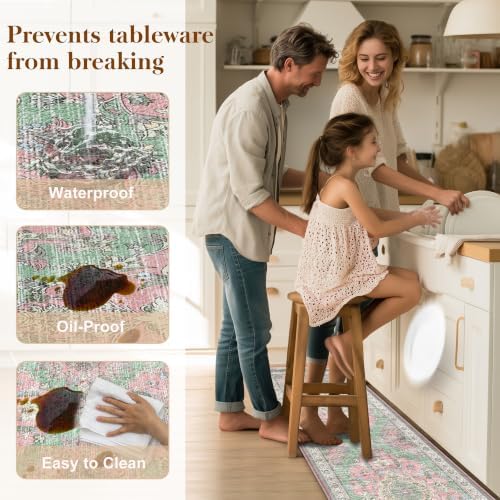 Boho Kitchen Mats for Floor 2PC Anti Fatigue Kitchen Rugs, Green Pink - Image 5