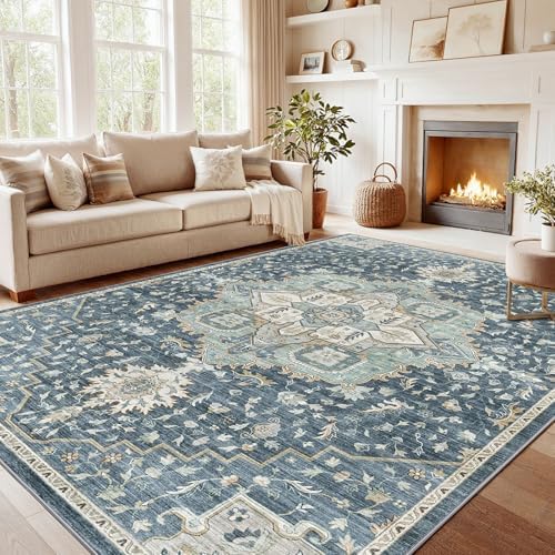 Amada Large 9x12 Washable Area Rug for Living Room, Blue/Yellow, Vintage by AMADAHOMEFURNISHING