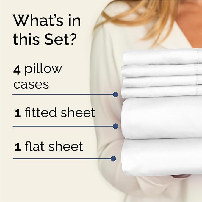 Queen 6 Piece Sheet Set - Cooling, Comfy & Breathable - Hotel Luxury Bedding, Includes Fitted Sheet for Women, Men, Kids and Teens - 1 Flat, 1 Fitted Sheet, 4 Pillowcases with Deep Pockets - White