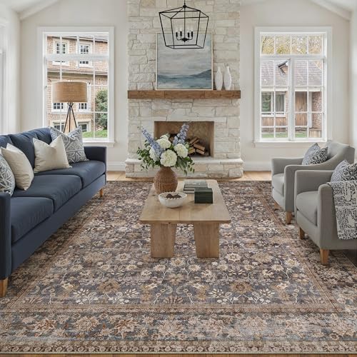 HUGEAR 9x12 Brown Blue Vintage Floral Washable Area Rug for Living Room by HUGEAR