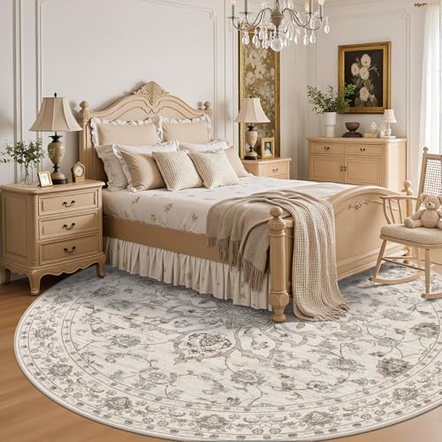 Round Area Rug for Living Room: 6ft Boho Washable Rug Brown Beige - Image 4