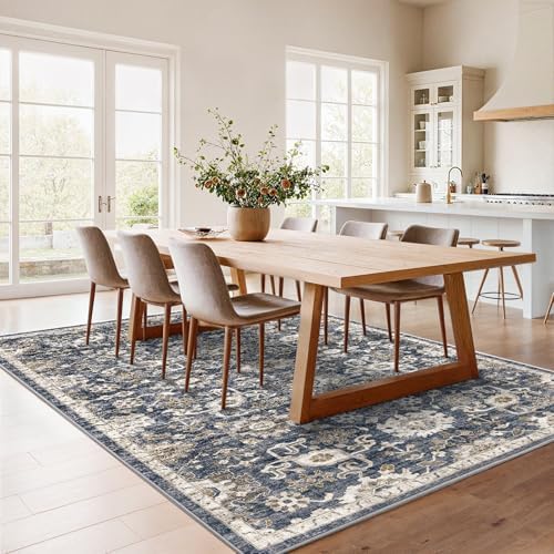 Amada 6x9 Washable Area Rug for Dining Room, Blue/Brown, Vintage Pattern - Image 3