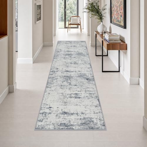 2.6x10 Washable Runner Rug:Modern Abstract Soft Carpet Blue Grey by FXRHLP