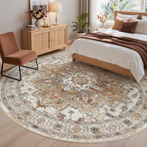 Madane Washable 8ft Circle Round Rug, 8x8 Circular Area Rugs, Turmeric/Grey - Image 4