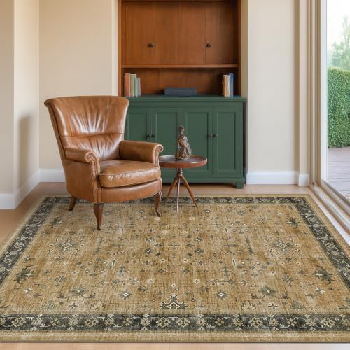 Boho Earth 4x6 Large Entryway Rug - Washable Rustic Brown and Charcoal Olive Mudroom Area Rug, Modern Vintage Kitchen Floor Carpet, Low Pile Non-Slip Carpet for Door Mat Indoor Entrance - Image 3