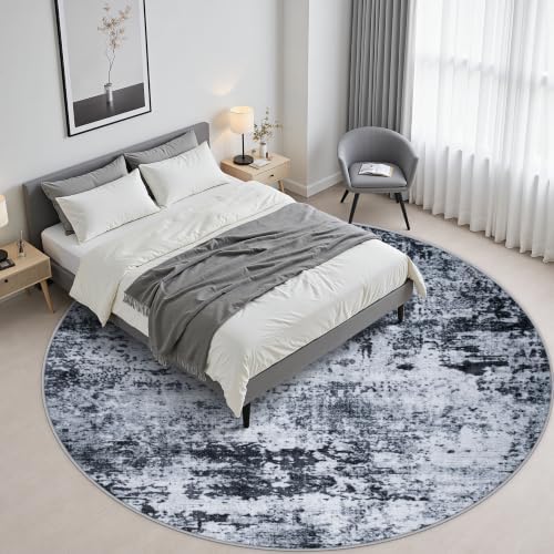 Round Area Rug Living Room: 5 ft Modern Washable Carpet Black - Image 4
