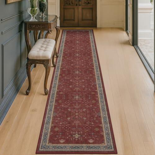 Hazo Haus Non Slip 10ft Long Hallway Runner Rug Burgundy - 2 x 10 Runner Rug, Washable & Waterproof 2x10 Kitchen Floor Mat - Oriental Turkish Dark Red Design Décor by HazoHaus