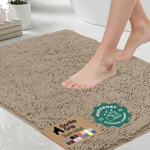 GORILLA GRIP Bath Rug Mat for Bathroom, Absorbent Chenille 48x17 Gray Beige by GorillaGrip