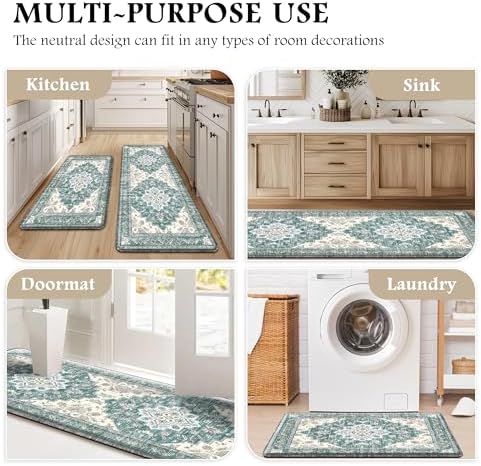 Boho Kitchen Mats for Floor 2PC Anti Fatigue Kitchen Rugs, Blue Green - Image 6