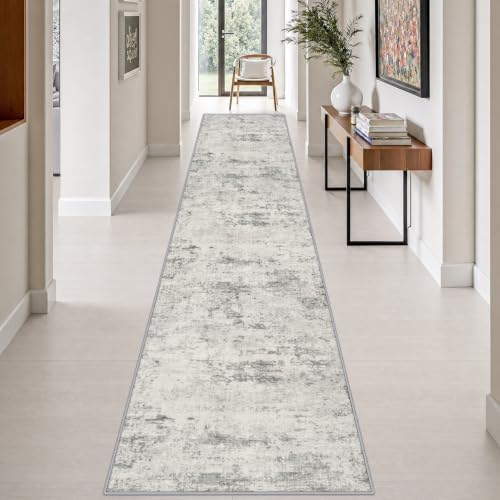 2.6x14 Washable Runner Rug:Modern Abstract Indoor Soft Carpet Gray by FXRHLP