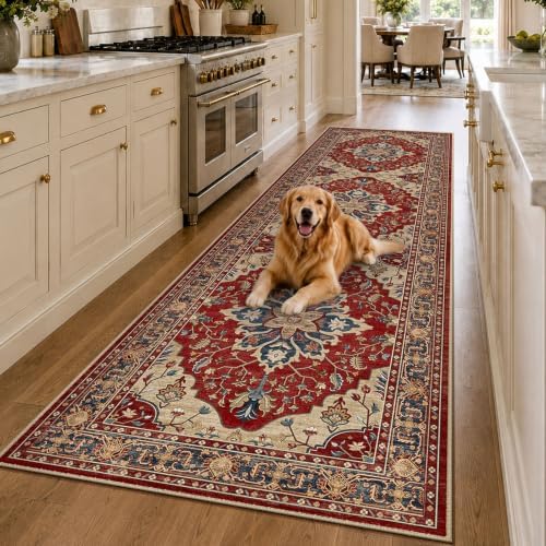 RELEANY Washable Area Rug, Runner 3'x9', Red/Blue by RELEANY