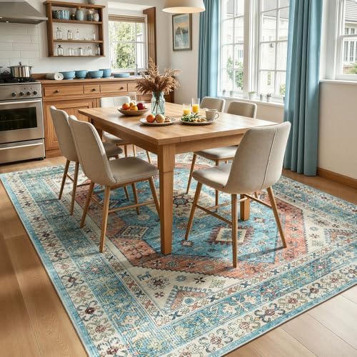 Lofus Living Room Rugs 5x7, Boho Terracotta and Blue Washable Carpet - Image 4