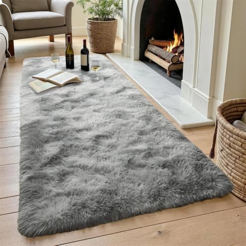 2x10 Tie-dye Grey Fluffy Soft Runner Rug Non-Slip for Bedroom Dorm Hallway - Image 4
