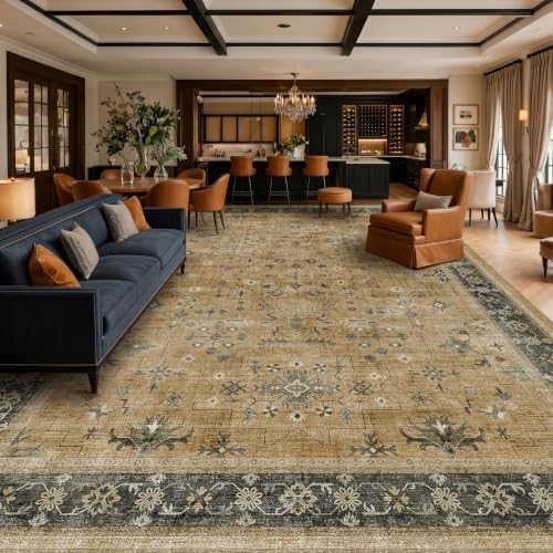 Vintage 10x14 Living Room Rug, Oriental Large Area Rug for Dining Room Under Table, Washable Rustic Brown and Charcoal Olive Low Pile Bedroom Carpet, Non-Slip Stain Resistant by HazoHaus