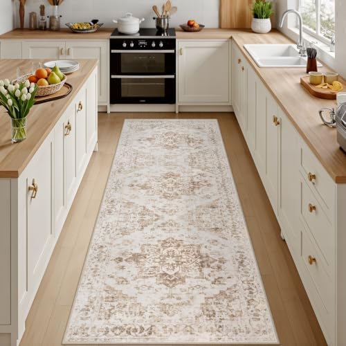 2x14 Hallway Washable Runner Rug: Kitchen Carpet Beige/Ivory by Luxturiy