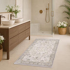 Washable 3x5 Large Bathroom Rug - Neutral Boho Geometric Area Rugs for Entryway, Kitchen, Bedroom Beside Bed, Laundry, Modern Vintage Eclectic Light Gray & Sage Floral Decor, Low Pile & Non-Slip Stain by HazoHaus