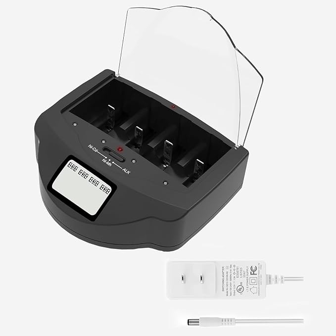 Universal Rapid Battery Charger for Alkaline, AA, AAA, C, D, 9V Ni-MH Ni-CD Rechargeable Batteries, Come with FCC & UL Certified. Black