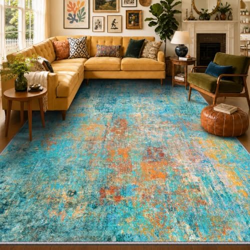 RELEANY Washable 10'x14' Abstract Area Rug for Living Room Teal Multi by RELEANY
