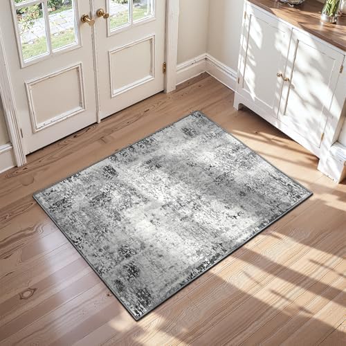 Entrance Rugs Indoor 2x4 Grey Entry Rug Washable Abstract Black Small Area Rug Non-Slip Low Pile Throw Rugs for Entryway, Kitchen Floor, Front Door Indoor Door Mat, Bathroom, Bedroom Bedside by OmpaaHomeDecor