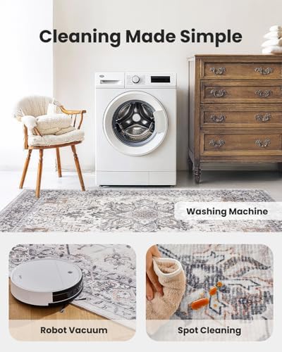 Amada 6x9 Washable Area Rug for Dining Room, Taupe, Boho Vintage Pattern - Image 4