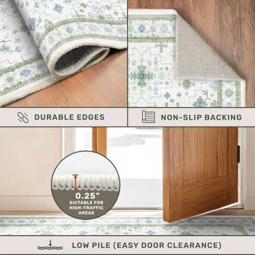 Hazo Haus Oushak 3x10 Wide Hallway Runner Rug - Vintage Turkish Floral, Washable Low Pile Non Slip 10ft Long Runners for Kitchen, Hall Way - Light Blue and Green - Image 5