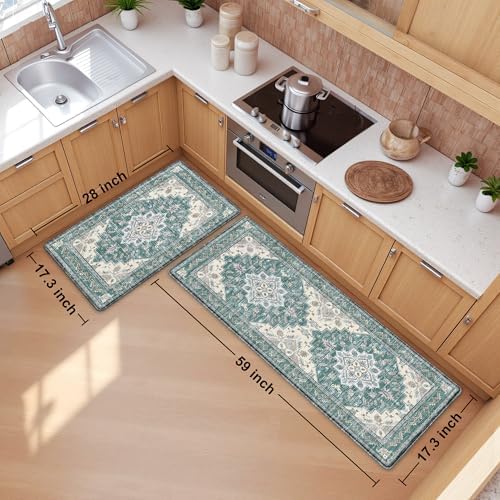Boho Kitchen Mats for Floor 2PC Anti Fatigue Kitchen Rugs, Blue Green - Image 2