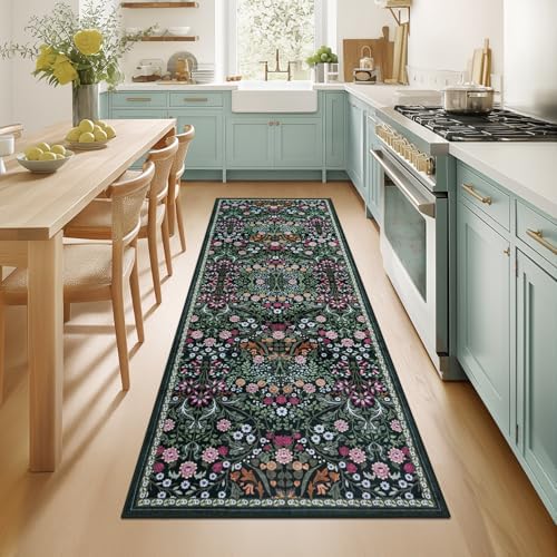 PLHXFR 2.6x8 Washable Runner Rug：Floral Indoor Kitchen Carpet Dark Green by PLHXFRSoftAreaRugs