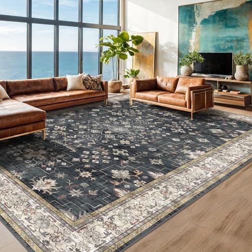 Boho Black Rug for Living Room - Washable 10x14 Area Rug, Dining Room Rugs for Under Table, Soft Low Pile Carpet for Large Bedroom - Farmhouse Decor, Non-Slip & Stain Resistance (10x14 Black/Multi) - Image 3