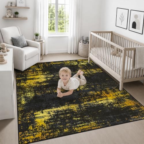 Area Rug Living Room: 6x6 Modern Washable Soft Carpet Black Gold - Image 5