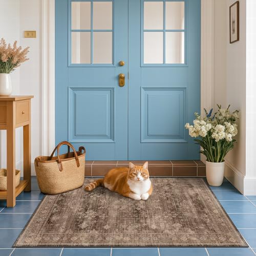 Brown Boho Washable 3x6 Entryway Runner Rug, Indoor Hallway Kitchen Floor Rug, Non-Slip Stain & Fade Resistant, Vintage Dark Neutral Floral Decor - Image 3