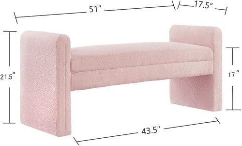 24KF Modern Upholstered Bed Bench Covered with Soft Boucle Teddy Fabric, Lovely Entryway Bench Ottoman with Armrest, 5062-Pink