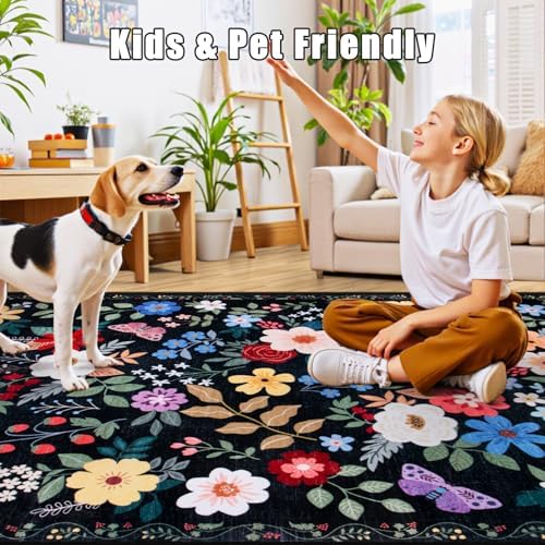 PLHXFR 3x10 Washable Runner Rug：Floral Indoor Kitchen Soft Carpet Black - Image 6