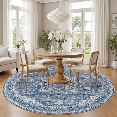 Round Area Rug for Living Room: 6ft Washable Rug for Bedroom Blue - Image 3