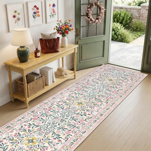 PLHXFR 2.6x14 Washable Runner Rug：Floral Indoor Kitchen Carpet Pink Green - Image 2