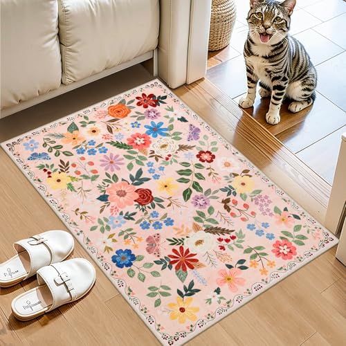 PLHXFR 2x3 Small Entryway Rug: Floral Washable Indoor Soft Carpet Beige - Image 2