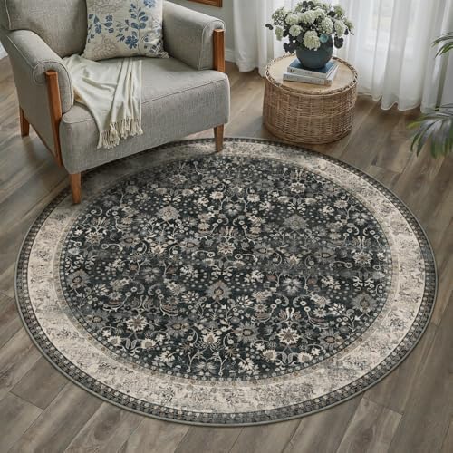 HUGEAR 4ft Round Black Beige Vintage Floral Washable Rug for Living Room by HUGEAR